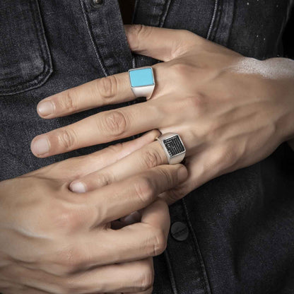 Zyan Gems | Exclusive Classic Signet Statement Ring Studded with Black Zircons, Sterling Silver  Ring | Jewellery for Men