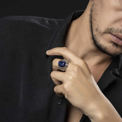 Zyan Gems | Unique Turkish Style Ring with Blue S Sapphire |  Sterling Silver Oxidized Ring