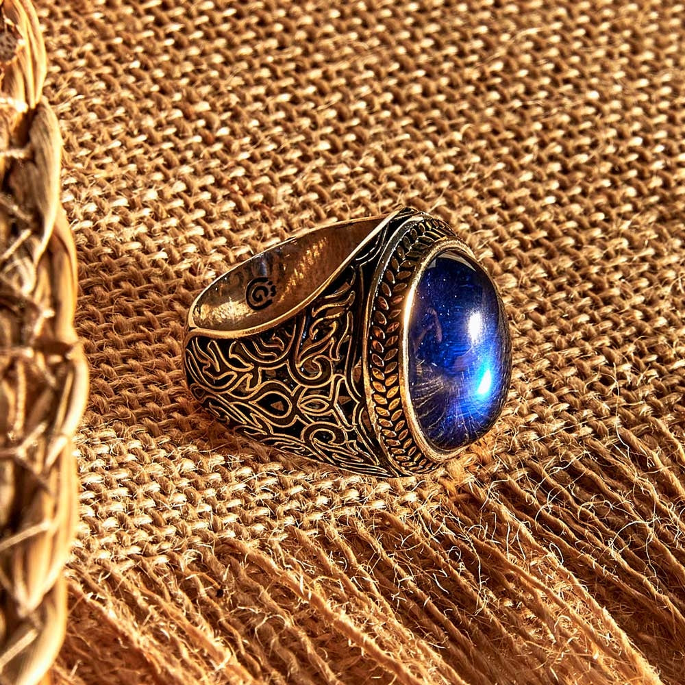 Zyan Gems | Unique Turkish Style Ring with Blue S Sapphire |  Sterling Silver Oxidized Ring