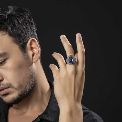 Zyan Gems | Unique Turkish Style Ring with Blue S Sapphire |  Sterling Silver Oxidized Ring
