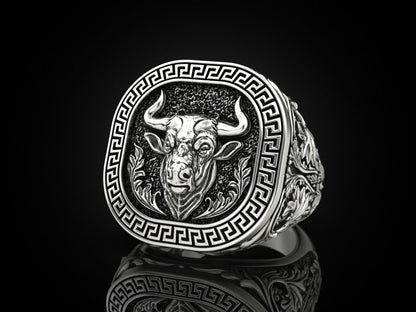 Zyan Gems | Unique Taurus Zodiac Designed Bull Ring |  Sterling Silver Oxidized Ring
