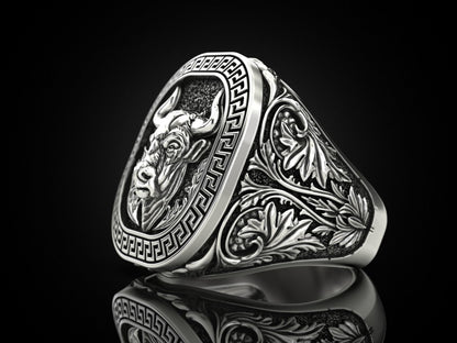 Zyan Gems | Unique Taurus Zodiac Designed Bull Ring |  Sterling Silver Oxidized Ring