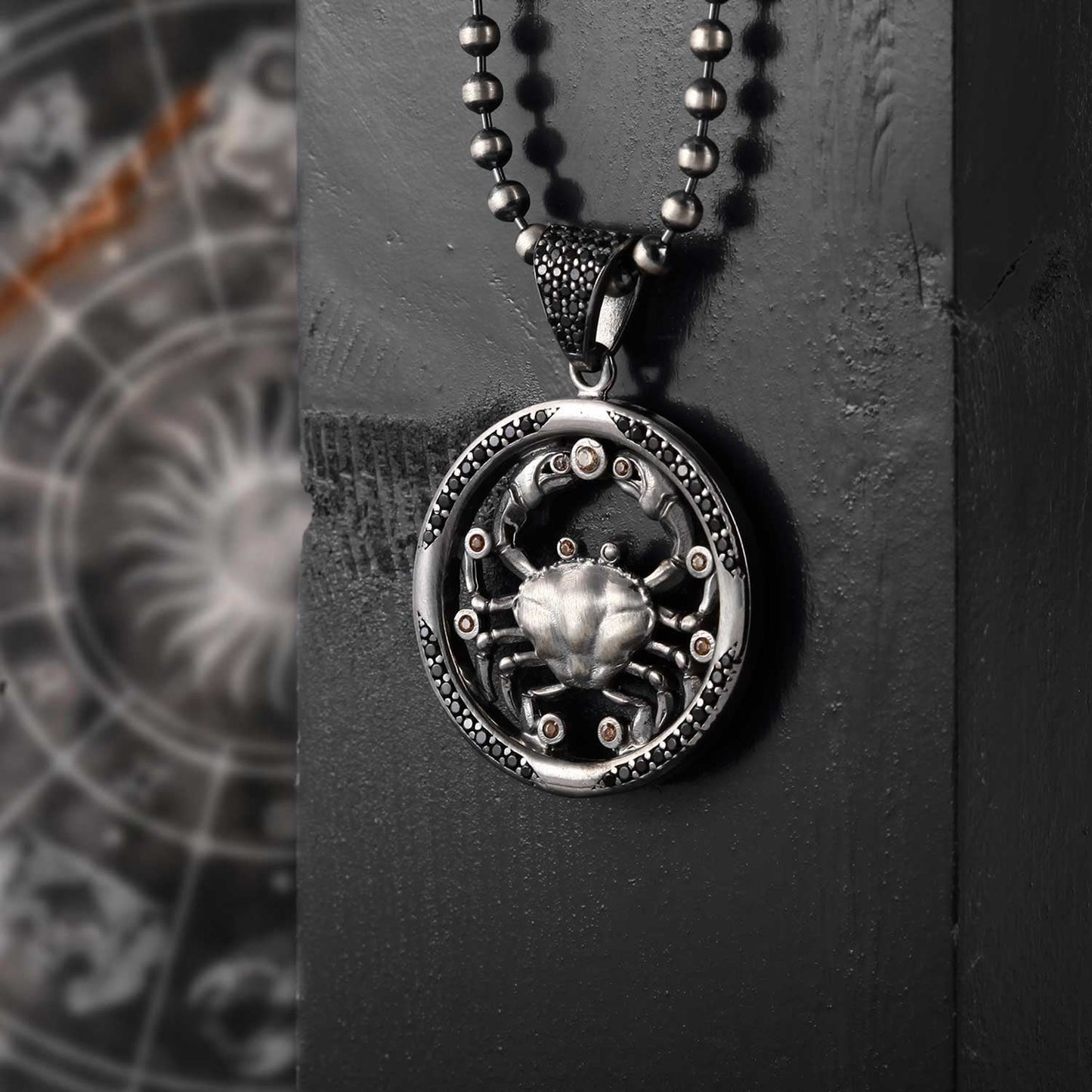 Zyan Gems | Unique Cancer Zodiac Designed Pendant Studded with Black Zircons | Unisex  Sterling Silver Oxidized Pendant