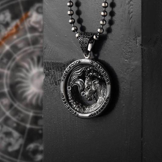 Zyan Gems | Unique Capricorn Zodiac Designed Pendant Studded with Black Zircons | Unisex  Sterling Silver Oxidized Pendant