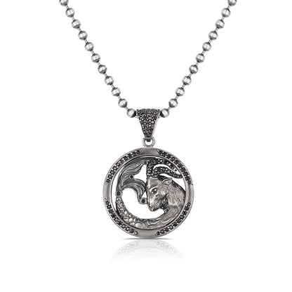 Zyan Gems | Unique Capricorn Zodiac Designed Pendant Studded with Black Zircons | Unisex  Sterling Silver Oxidized Pendant