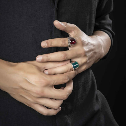 Zyan Gems | Unique Turkish Style Curved Ring with Green Onyx |  Sterling Silver Oxidized Ring