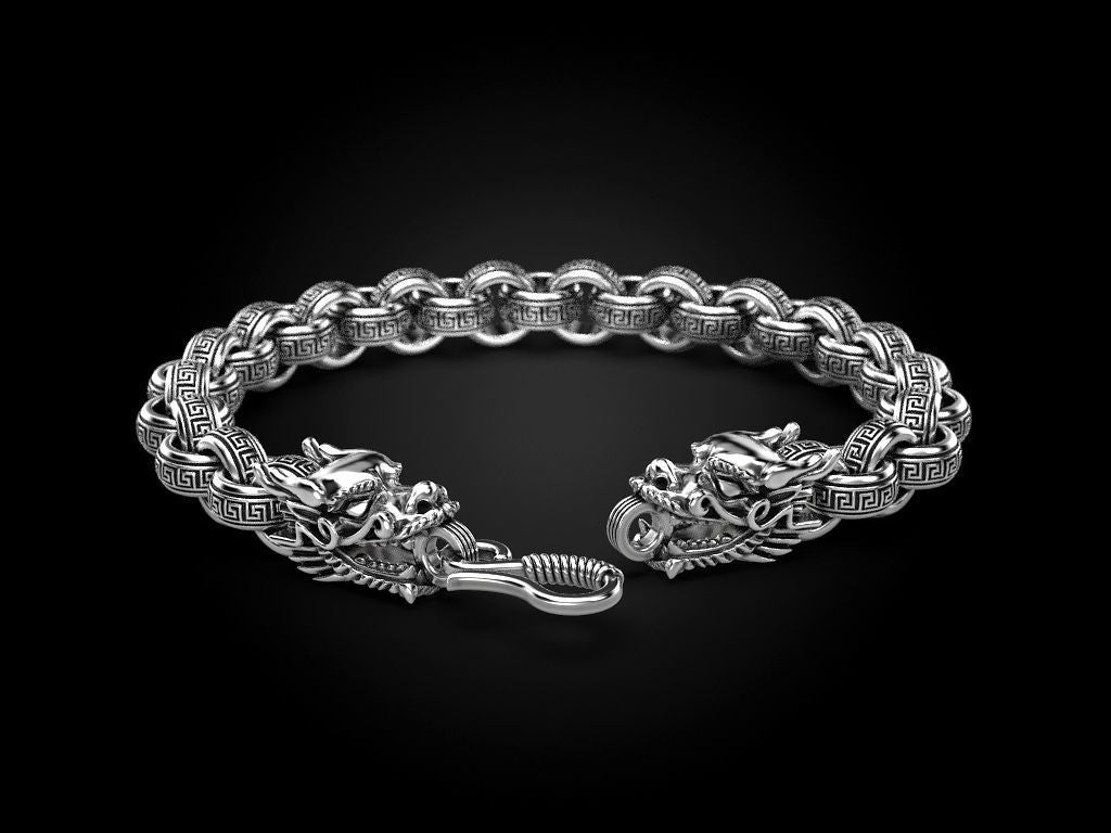 Unique Two Headed Dragon Bracelet for Men |  Sterling Silver Bracelet