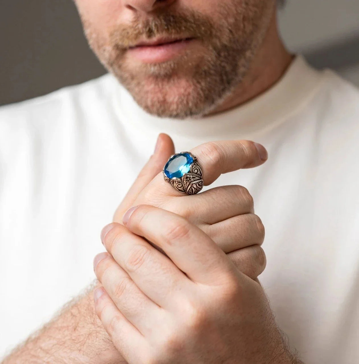 Zyan Gems | Exclusively Designed Ring with Blue Topaz |  Sterling Silver Oxidized Ring