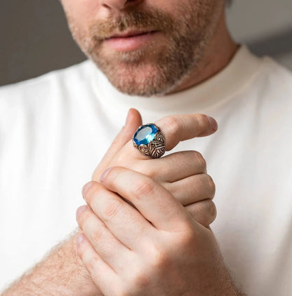 Zyan Gems | Exclusively Designed Ring with Blue Topaz |  Sterling Silver Oxidized Ring