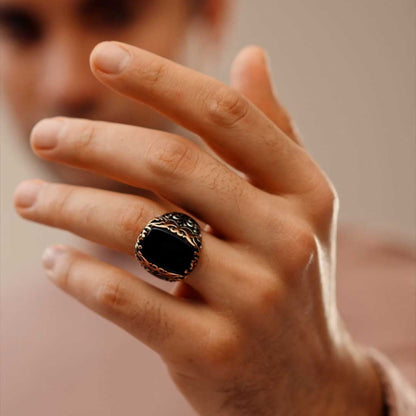 Zyan Gems | Unique Turkish Style Ring with Natural Black Onyx |  Sterling Silver Oxidized Ring
