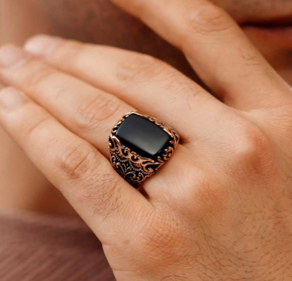 Zyan Gems | Unique Turkish Style Ring with Natural Black Onyx |  Sterling Silver Oxidized Ring