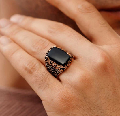 Zyan Gems | Unique Turkish Style Ring with Natural Black Onyx |  Sterling Silver Oxidized Ring