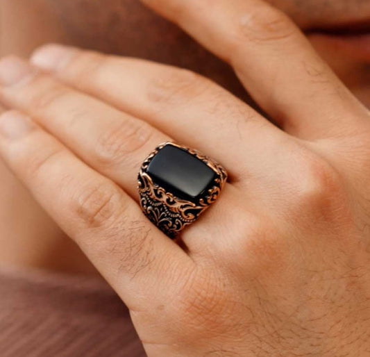 Zyan Gems | Unique Turkish Style Ring with Natural Black Onyx |  Sterling Silver Oxidized Ring
