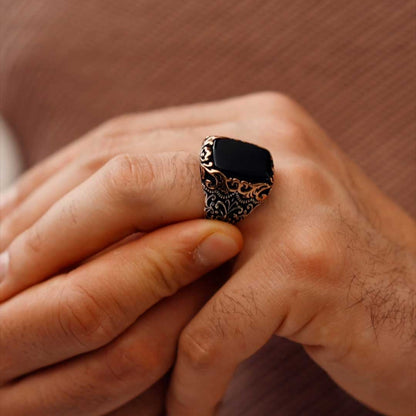 Zyan Gems | Unique Turkish Style Ring with Natural Black Onyx |  Sterling Silver Oxidized Ring