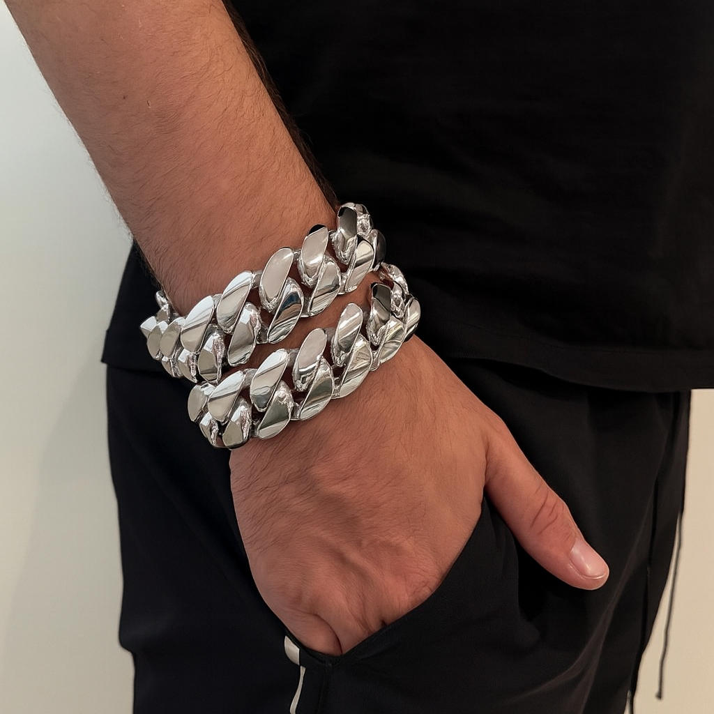 25mm Wide Solid Miami Cuban Link Bracelet |  Sterling Silver Chain