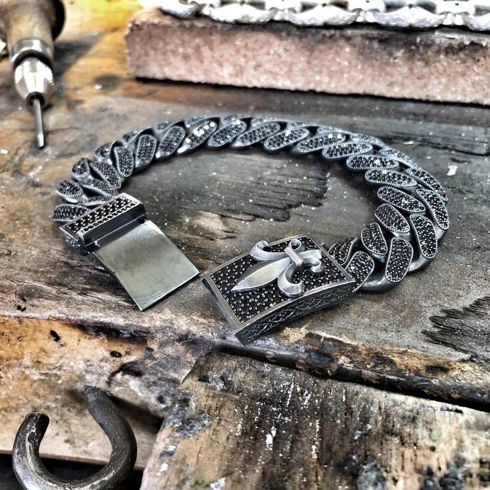 16mm Unique Fleur-De-Lis Black Iced Cuban Link Bracelet for Men | Dark Oxidized 925 Silver Bracelet Jewelry Authenticity and 925