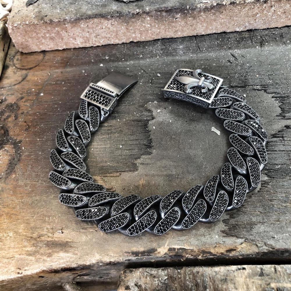 16mm Unique Fleur-De-Lis Black Iced Cuban Link Bracelet for Men | Dark Oxidized  Silver Bracelet