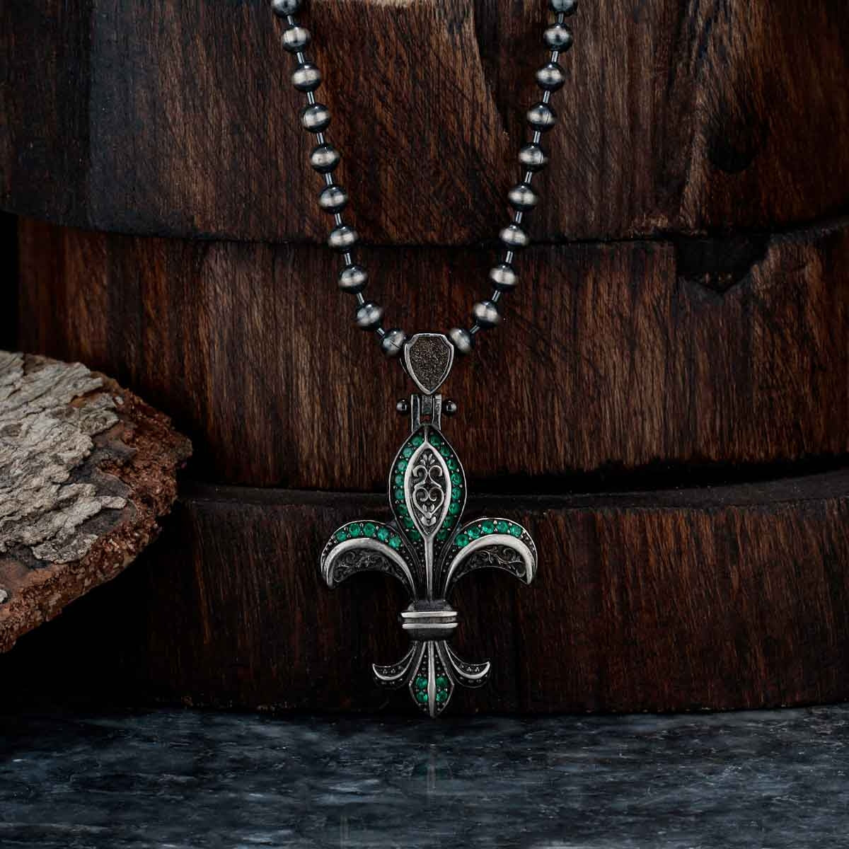 Zyan Gems | Unique Designed Fleur-De-Lis Symbol Pendant Studded with Green & Black Zircons for Men |  Sterling Silver Oxidized Pendant