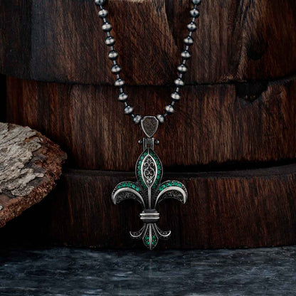 Zyan Gems | Unique Designed Fleur-De-Lis Symbol Pendant Studded with Green & Black Zircons for Men |  Sterling Silver Oxidized Pendant