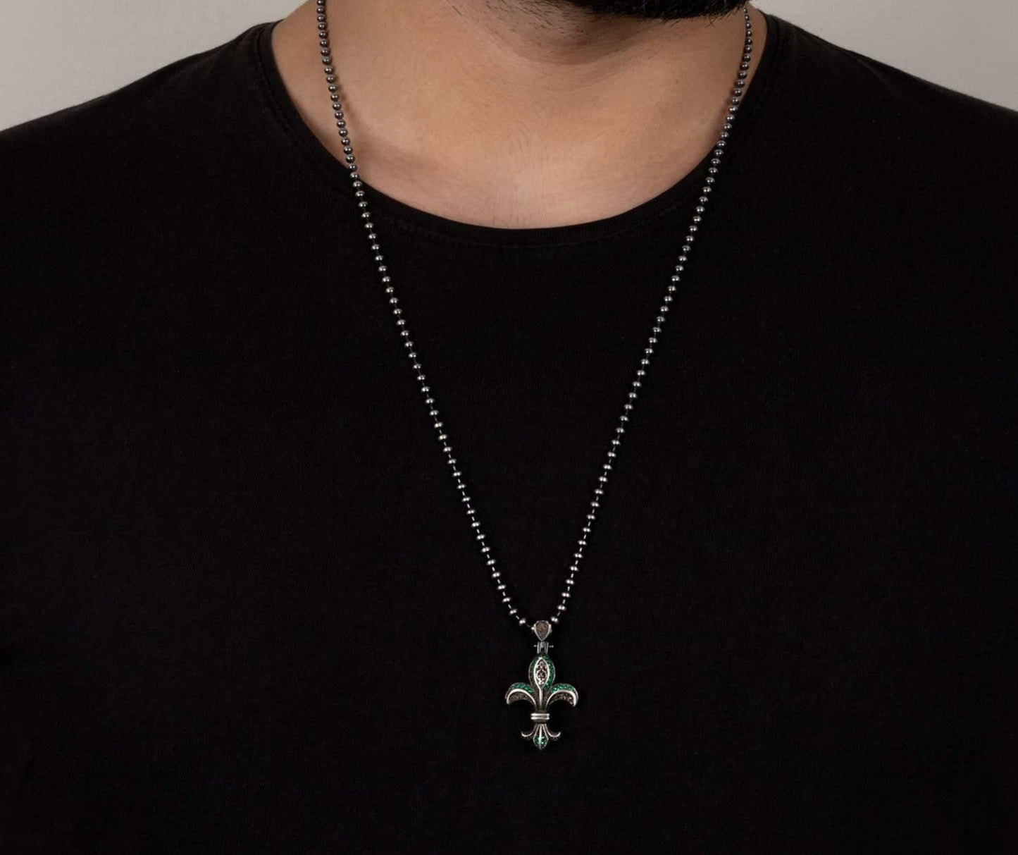 Zyan Gems | Unique Designed Fleur-De-Lis Symbol Pendant Studded with Green & Black Zircons for Men |  Sterling Silver Oxidized Pendant
