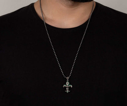 Zyan Gems | Unique Designed Fleur-De-Lis Symbol Pendant Studded with Green & Black Zircons for Men |  Sterling Silver Oxidized Pendant