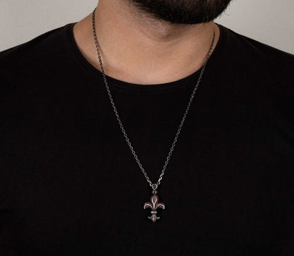 Zyan Gems | Unique Designed Fleur-De-Lis Symbol Pendant Studded with Pink & Black Zircons for Men |  Sterling Silver Oxidized Pendant