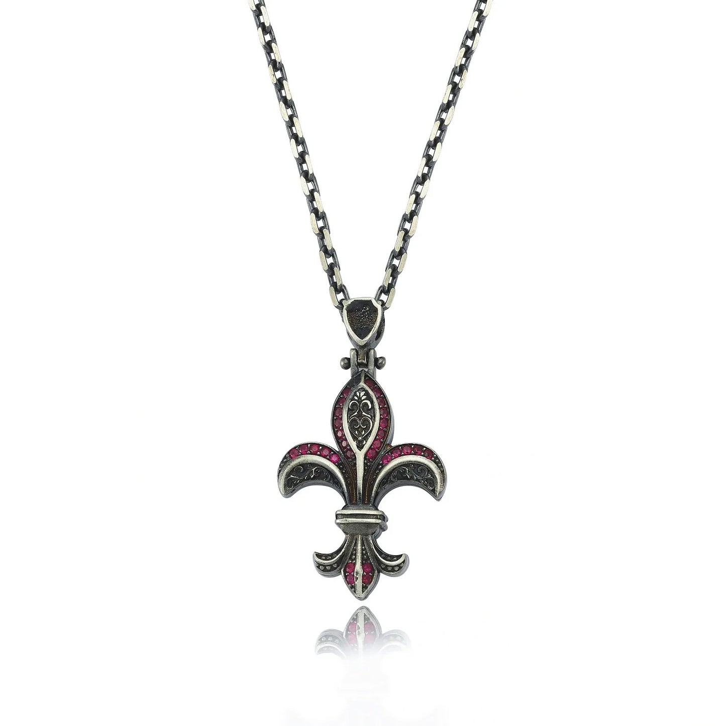 Zyan Gems | Unique Designed Fleur-De-Lis Symbol Pendant Studded with Pink & Black Zircons for Men |  Sterling Silver Oxidized Pendant