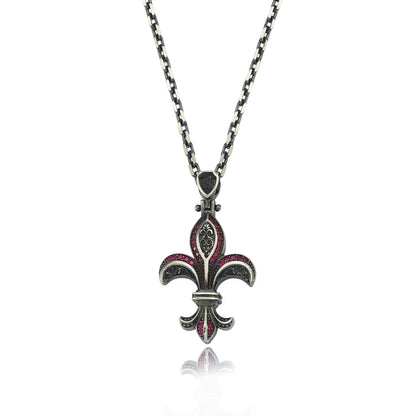 Zyan Gems | Unique Designed Fleur-De-Lis Symbol Pendant Studded with Pink & Black Zircons for Men |  Sterling Silver Oxidized Pendant