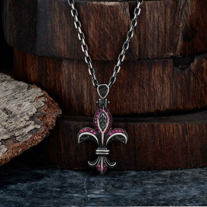 Zyan Gems | Unique Designed Fleur-De-Lis Symbol Pendant Studded with Pink & Black Zircons for Men |  Sterling Silver Oxidized Pendant