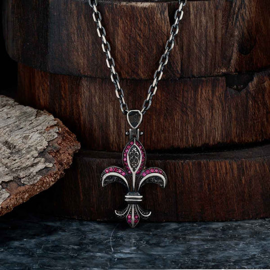 Zyan Gems | Unique Designed Fleur-De-Lis Symbol Pendant Studded with Pink & Black Zircons for Men |  Sterling Silver Oxidized Pendant