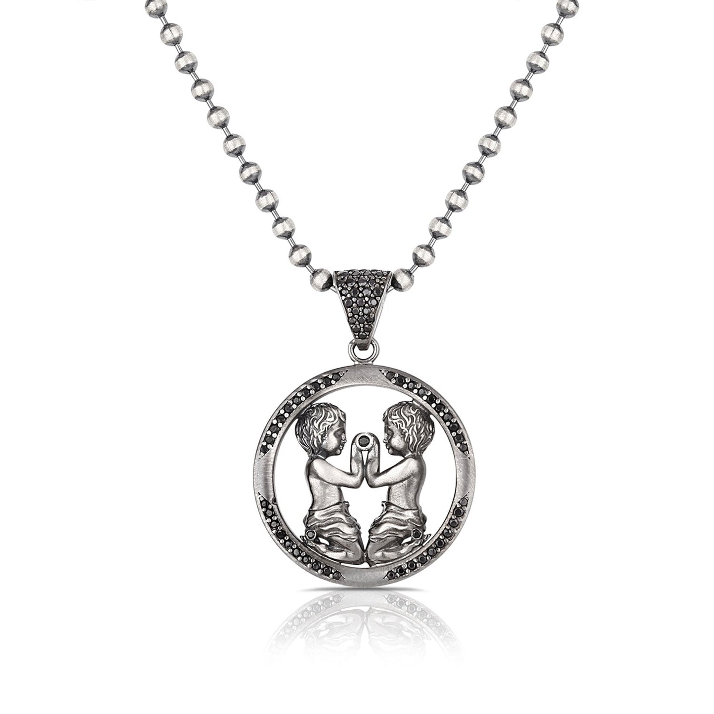Zyan Gems | Unique Gemini Zodiac Designed Pendant Studded with Black Zircons | Unisex  Sterling Silver Oxidized Pendant