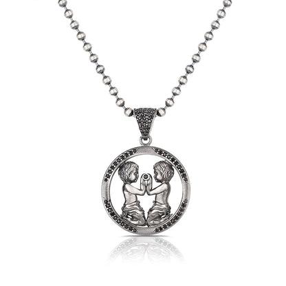 Zyan Gems | Unique Gemini Zodiac Designed Pendant Studded with Black Zircons | Unisex  Sterling Silver Oxidized Pendant