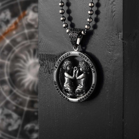 Zyan Gems | Unique Gemini Zodiac Designed Pendant Studded with Black Zircons | Unisex  Sterling Silver Oxidized Pendant