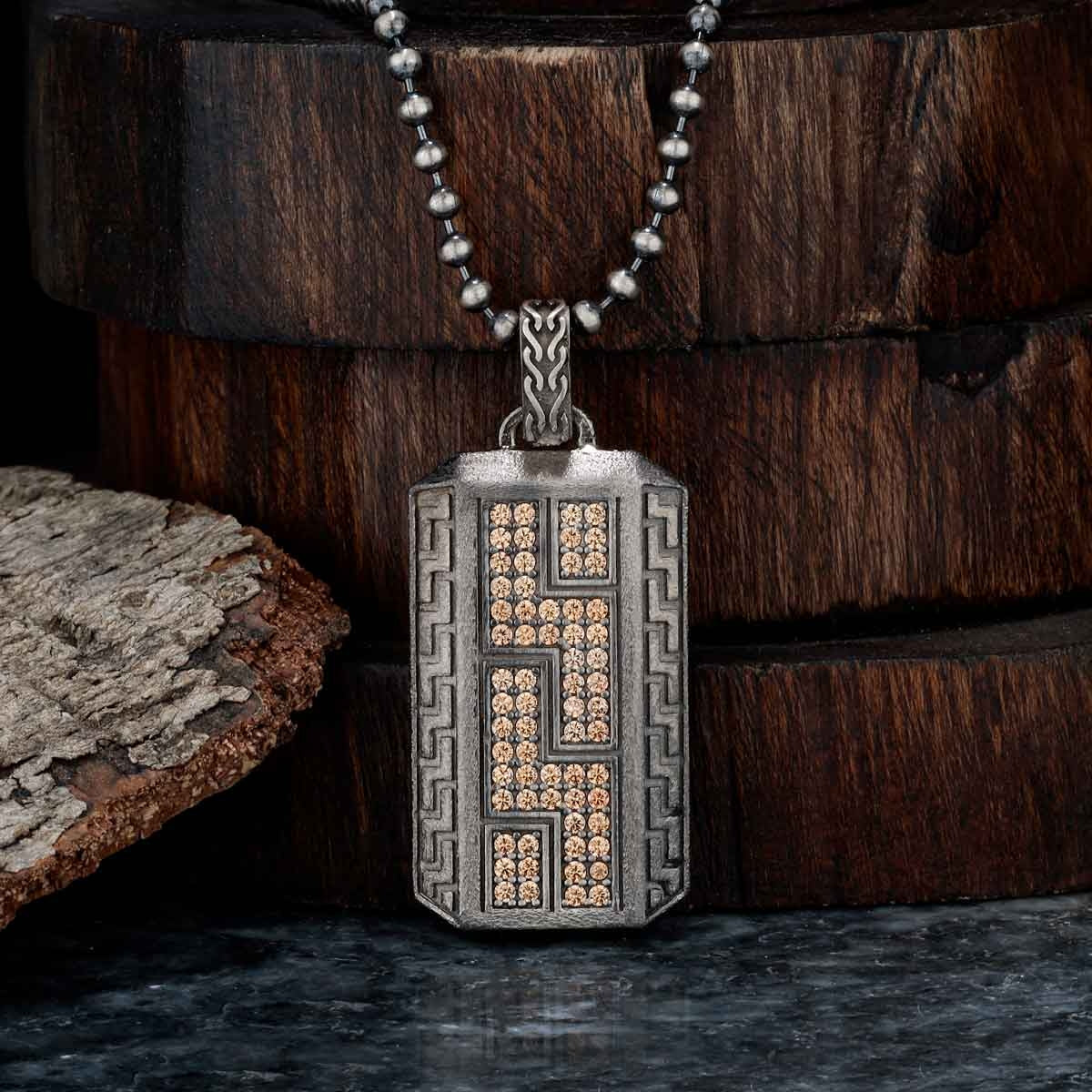 Zyan Gems | Unique Greek  Pattern Pendant Adorned with Cubic Zircons for Men |  Sterling Silver Oxidized Pendant