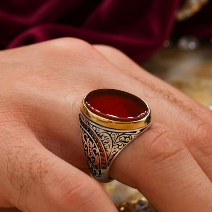 Turkish Handmade Red Agate Golden Luxury Aqeeq Ring