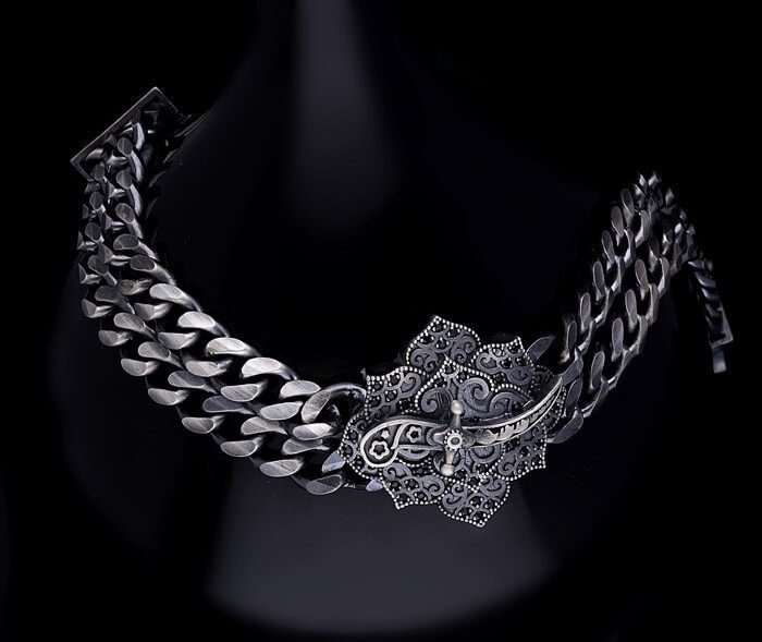 Zyan Gems | Double Sided 20mm Wide Solid Oxidised Cuban Link Bracelet with Artistic Sword | Antique Finish  Sterling Silver Bracelet