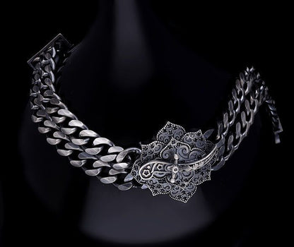 Zyan Gems | Double Sided 20mm Wide Solid Oxidised Cuban Link Bracelet with Artistic Sword | Antique Finish  Sterling Silver Bracelet