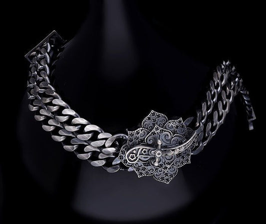 Zyan Gems | Double Sided 20mm Wide Solid Oxidised Cuban Link Bracelet with Artistic Sword | Antique Finish  Sterling Silver Bracelet