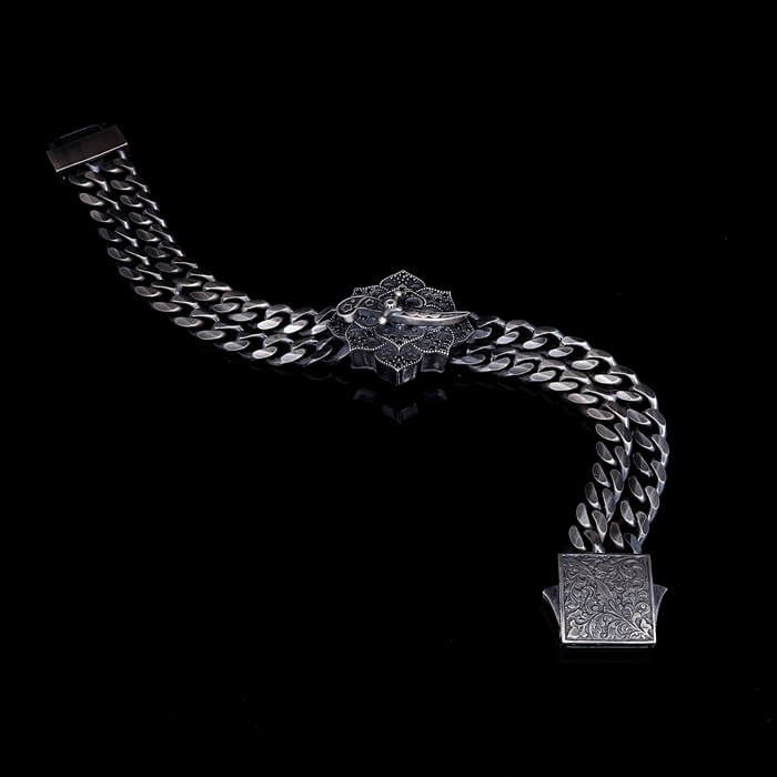 Zyan Gems | Double Sided 20mm Wide Solid Oxidised Cuban Link Bracelet with Artistic Sword | Antique Finish  Sterling Silver Bracelet