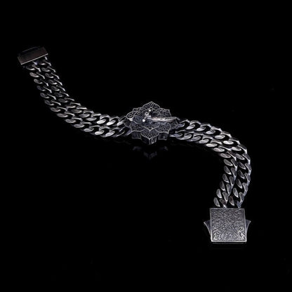 Zyan Gems | Double Sided 20mm Wide Solid Oxidised Cuban Link Bracelet with Artistic Sword | Antique Finish  Sterling Silver Bracelet