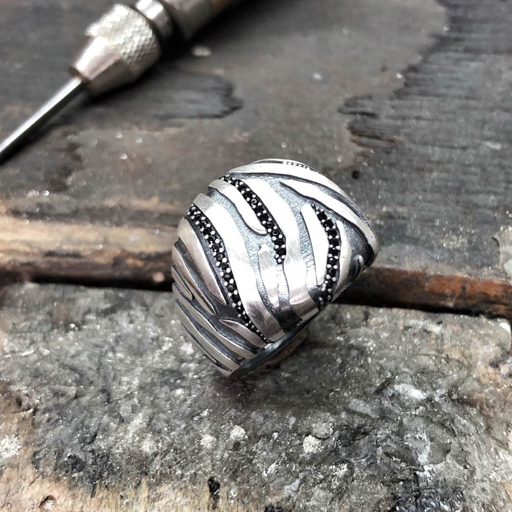 Zyan Gems | Unique Handmade Turkish Style Ring with Black Zircons |  Sterling Silver Oxidized Ring