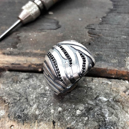 Zyan Gems | Unique Handmade Turkish Style Ring with Black Zircons |  Sterling Silver Oxidized Ring