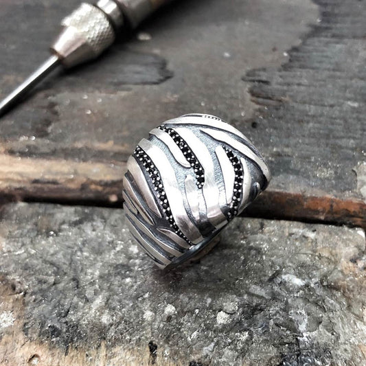 Zyan Gems | Unique Handmade Turkish Style Ring with Black Zircons |  Sterling Silver Oxidized Ring