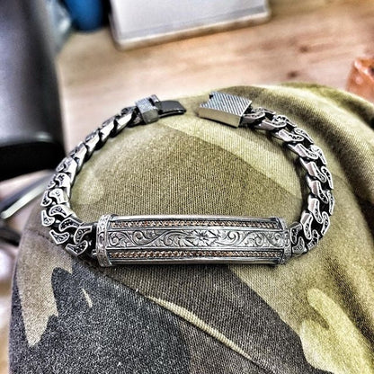 Zyan Gems | Unique Design Engraved Bracelet for Men |  Oxidized Silver Bracelet