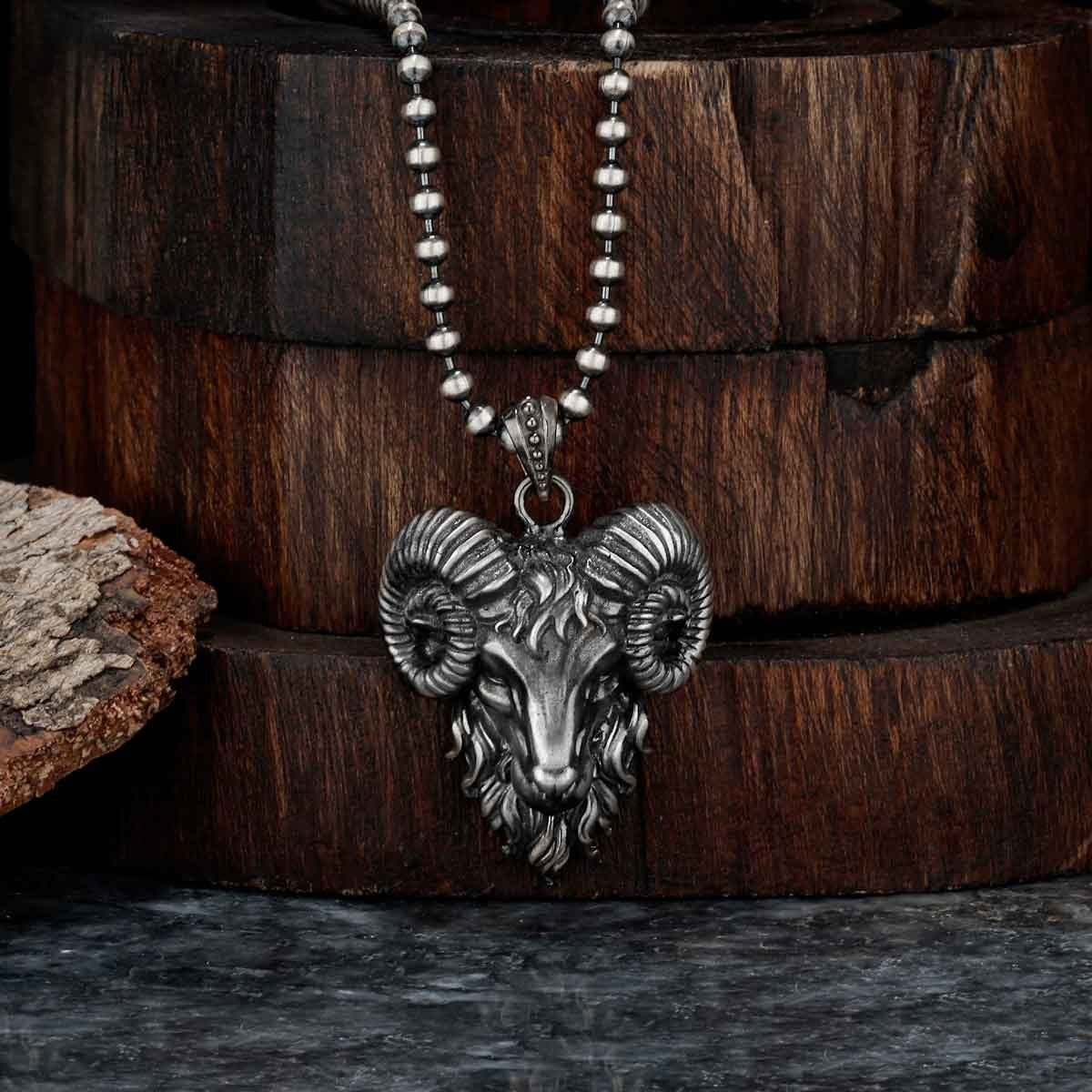 Zyan Gems | Unique Designed Horned Ram Pendant for Aries Zodiac for Men |  Sterling Silver Oxidized Pendant