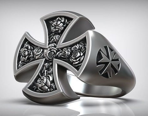 Zyan Gems | Unique Designed Cross Ring with Roses |  Sterling Silver Oxidized Ring