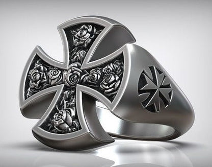 Zyan Gems | Unique Designed Cross Ring with Roses |  Sterling Silver Oxidized Ring