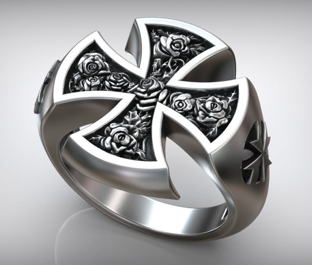 Zyan Gems | Unique Designed Cross Ring with Roses |  Sterling Silver Oxidized Ring