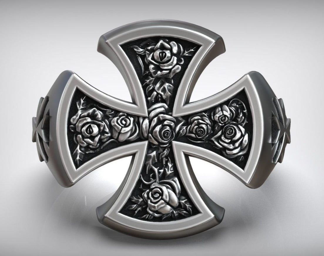 Zyan Gems | Unique Designed Cross Ring with Roses |  Sterling Silver Oxidized Ring