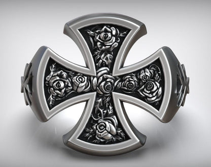 Zyan Gems | Unique Designed Cross Ring with Roses |  Sterling Silver Oxidized Ring